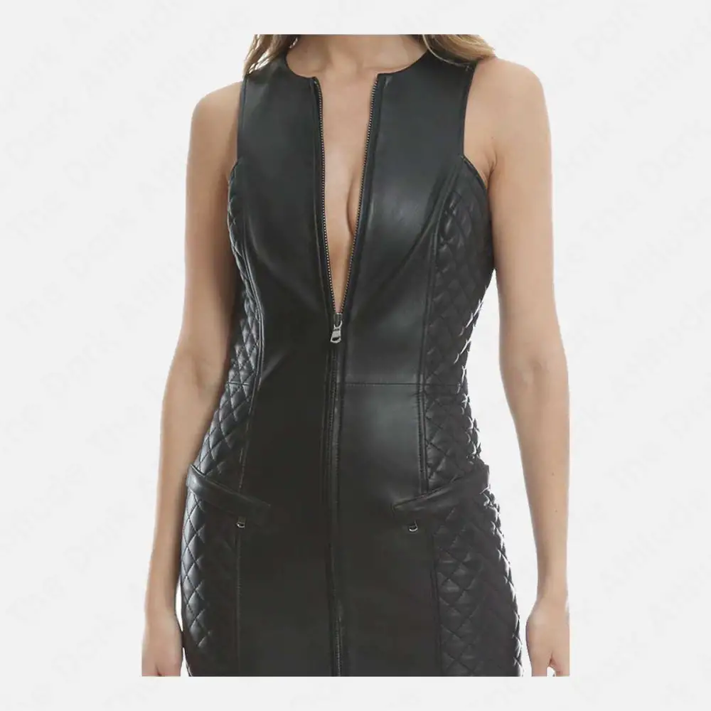 Women Black Genuine Leather Coat Sexy Mini Dress Quilted