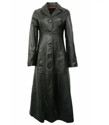 Women Genuine Black Leather Trench Long Coat