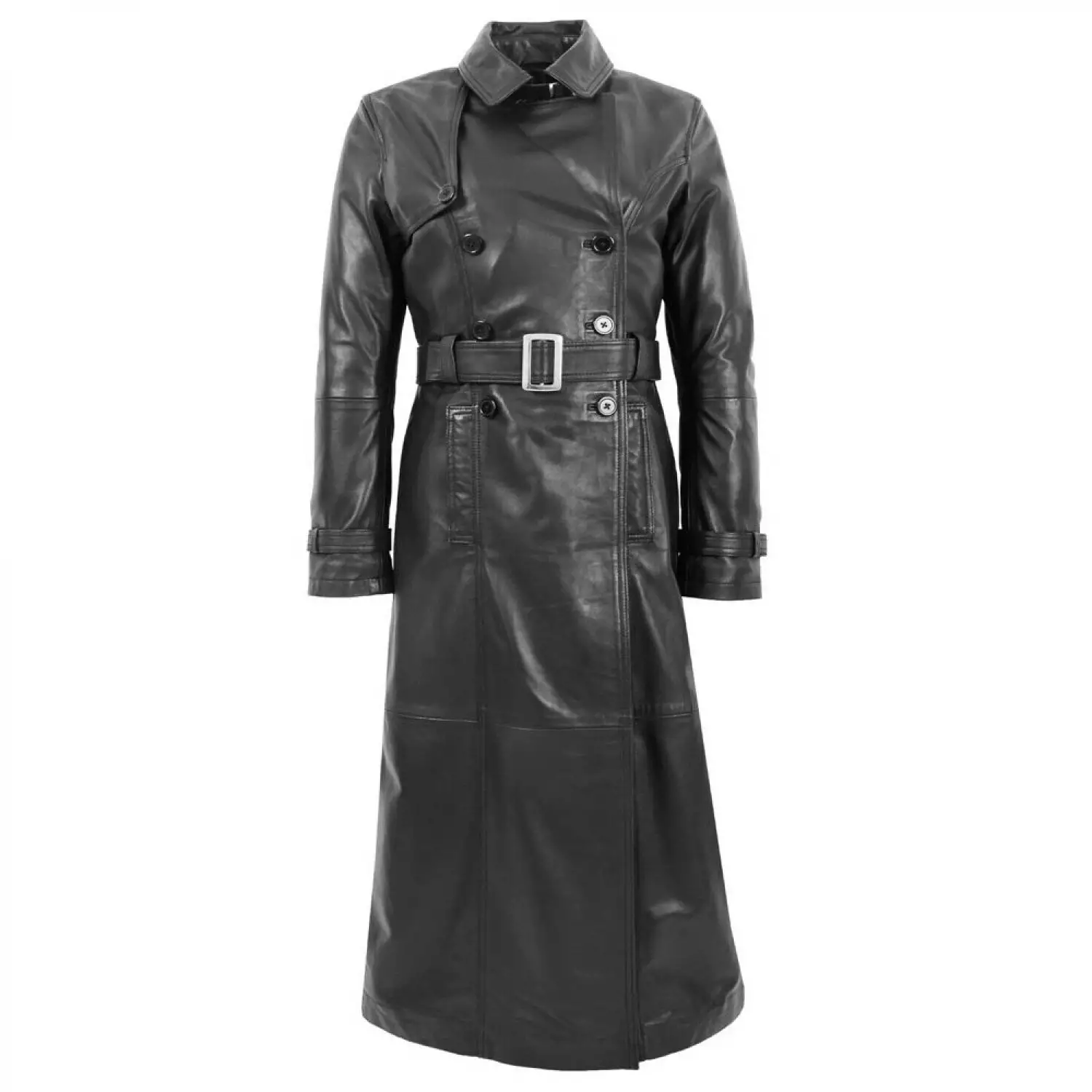 Women Full Length Belted Leather Trench Coat Trinity Long Leather Coat