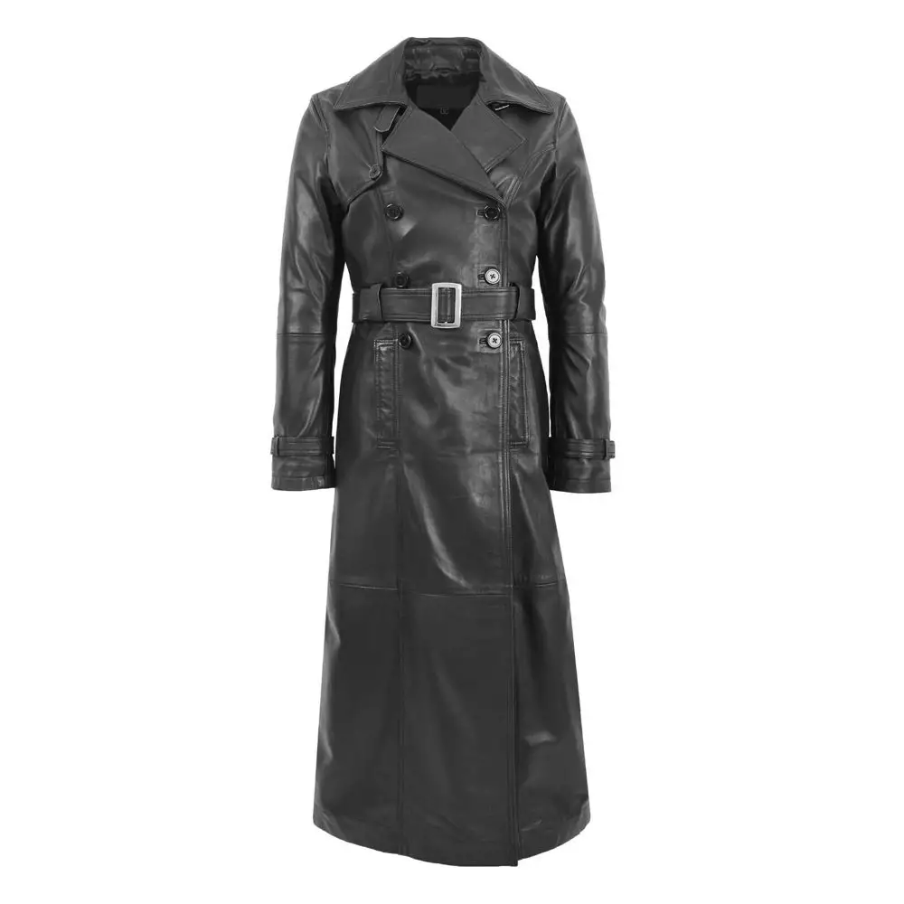 Women Full Length Belted Leather Trench Coat Trinity Long Leather Coat