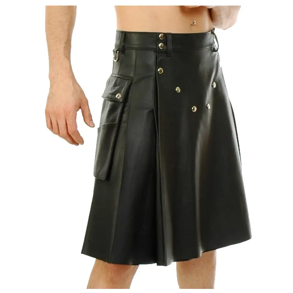 Men black genuine leather utility kilt pleated lined pocket
