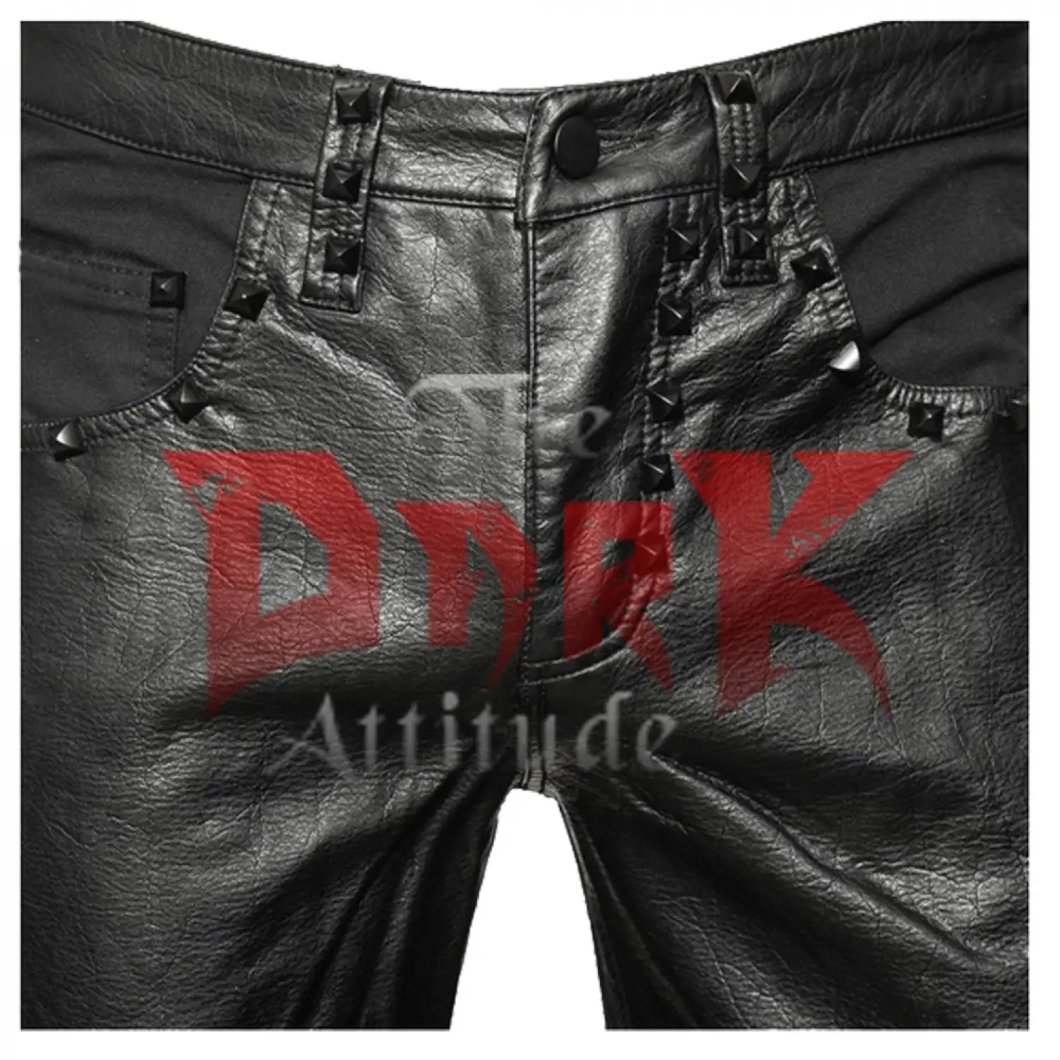 Men's slim fit black coated denim pants with a shiny faux leather look.