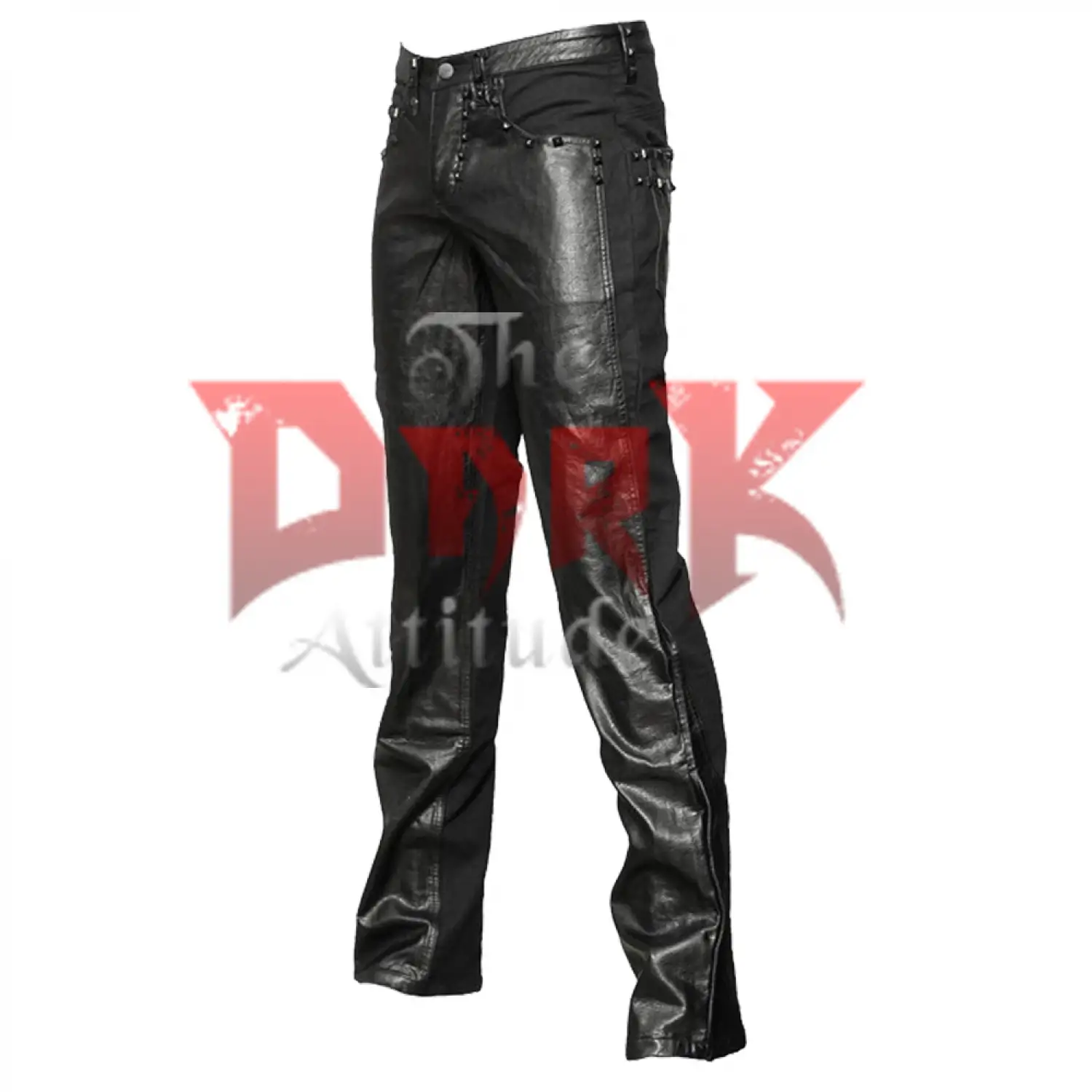 Men's slim fit black coated denim pants with a shiny faux leather look.