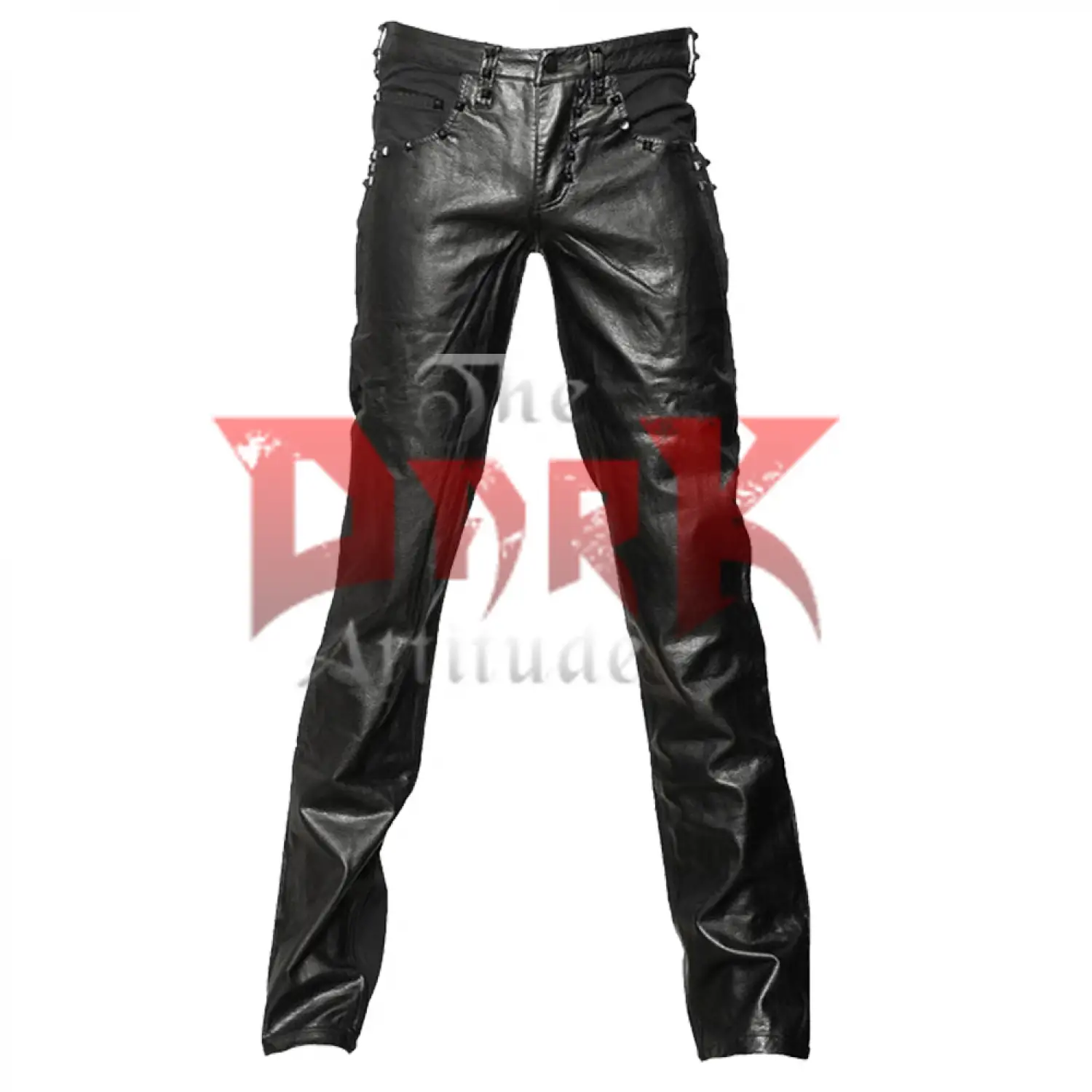 Men's slim fit black coated denim pants with a shiny faux leather look.