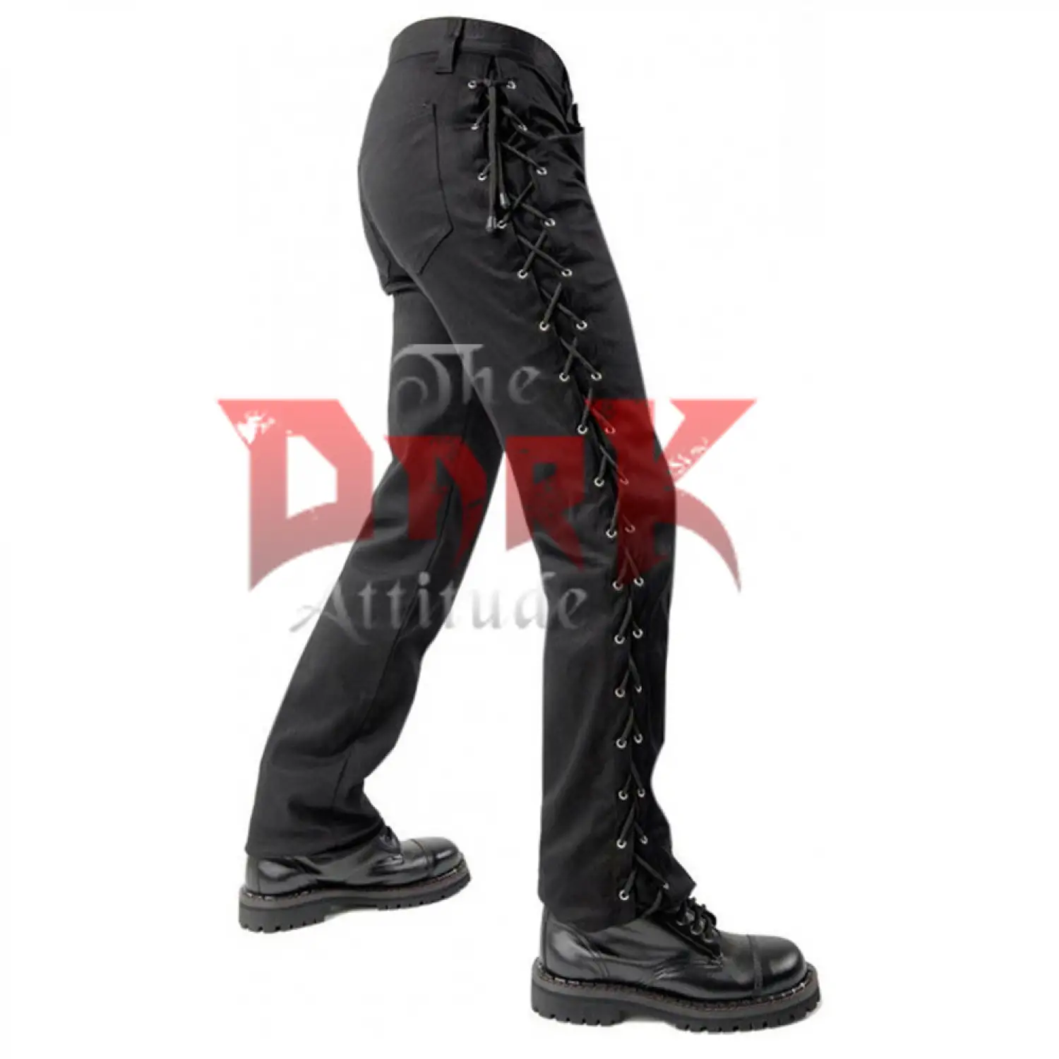 Men's black skinny fit gothic pants with full-length lace-up details on the sides of the legs.