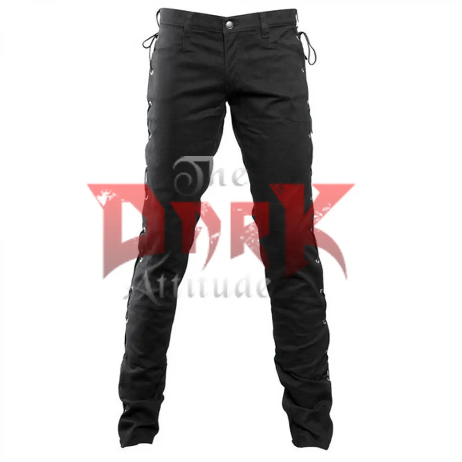 Men's black skinny fit gothic pants with full-length lace-up details on the sides of the legs.