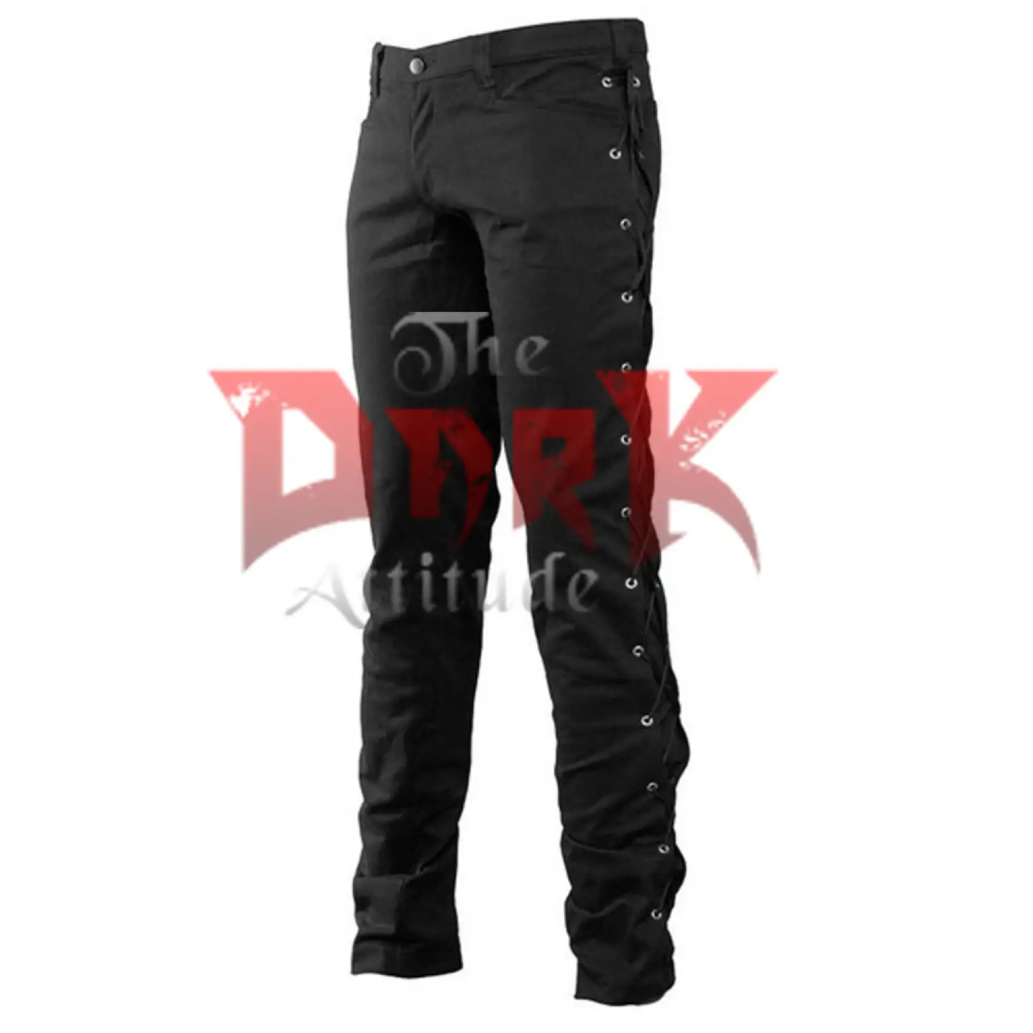Men's black skinny fit gothic pants with full-length lace-up details on the sides of the legs.