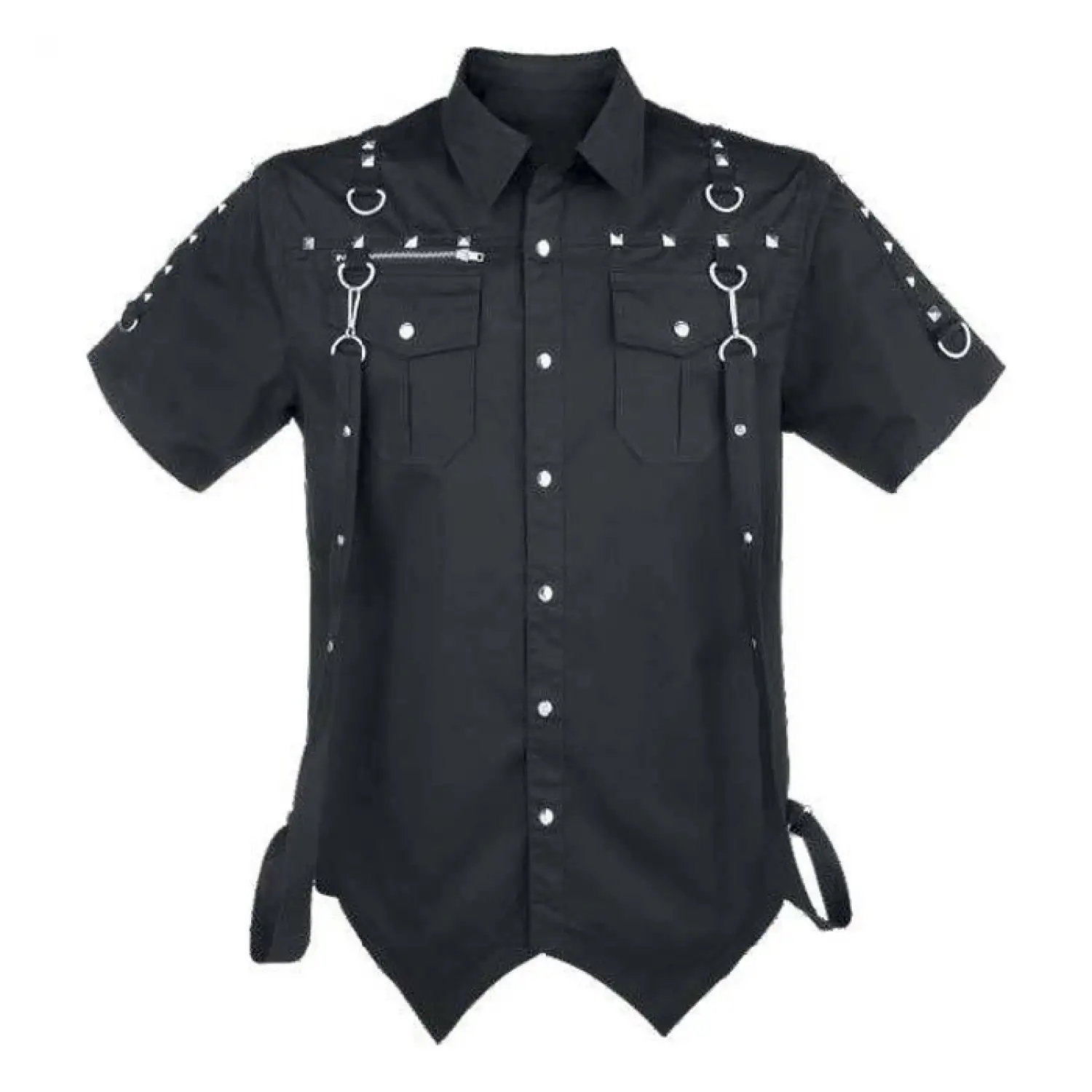 Men's black gothic punk shirt with a D-ring harness, studs, and an asymmetrical swallowtail hem.
