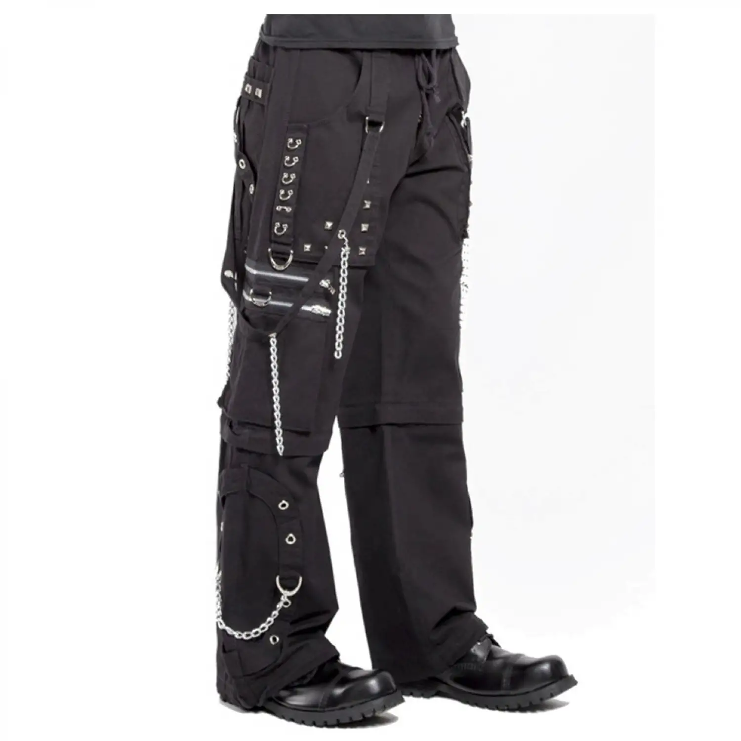 Men's black gothic cargo pants with silver studs, D-rings, and chain straps.
