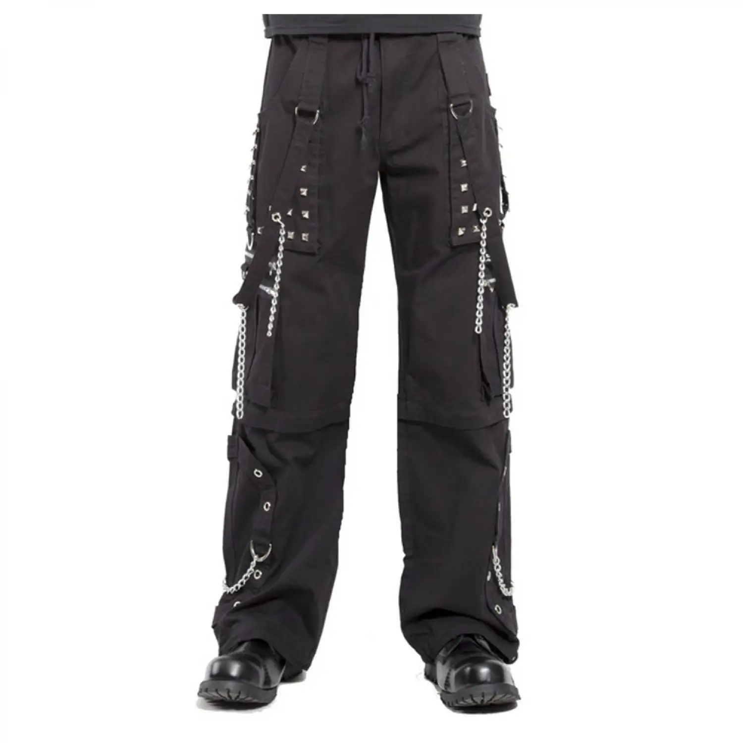 Men's black gothic cargo pants with silver studs, D-rings, and chain straps.