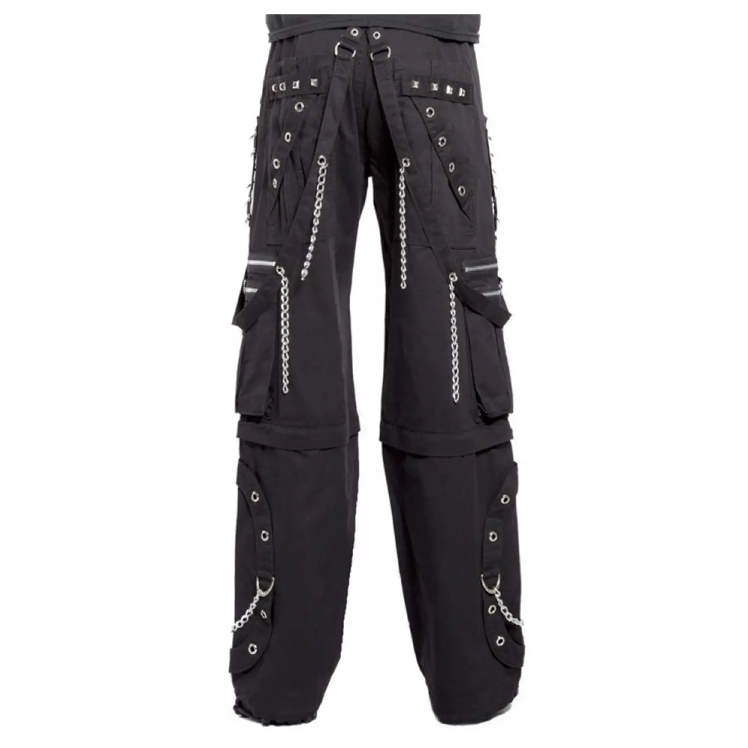 Men's black gothic cargo pants with silver studs, D-rings, and chain straps.