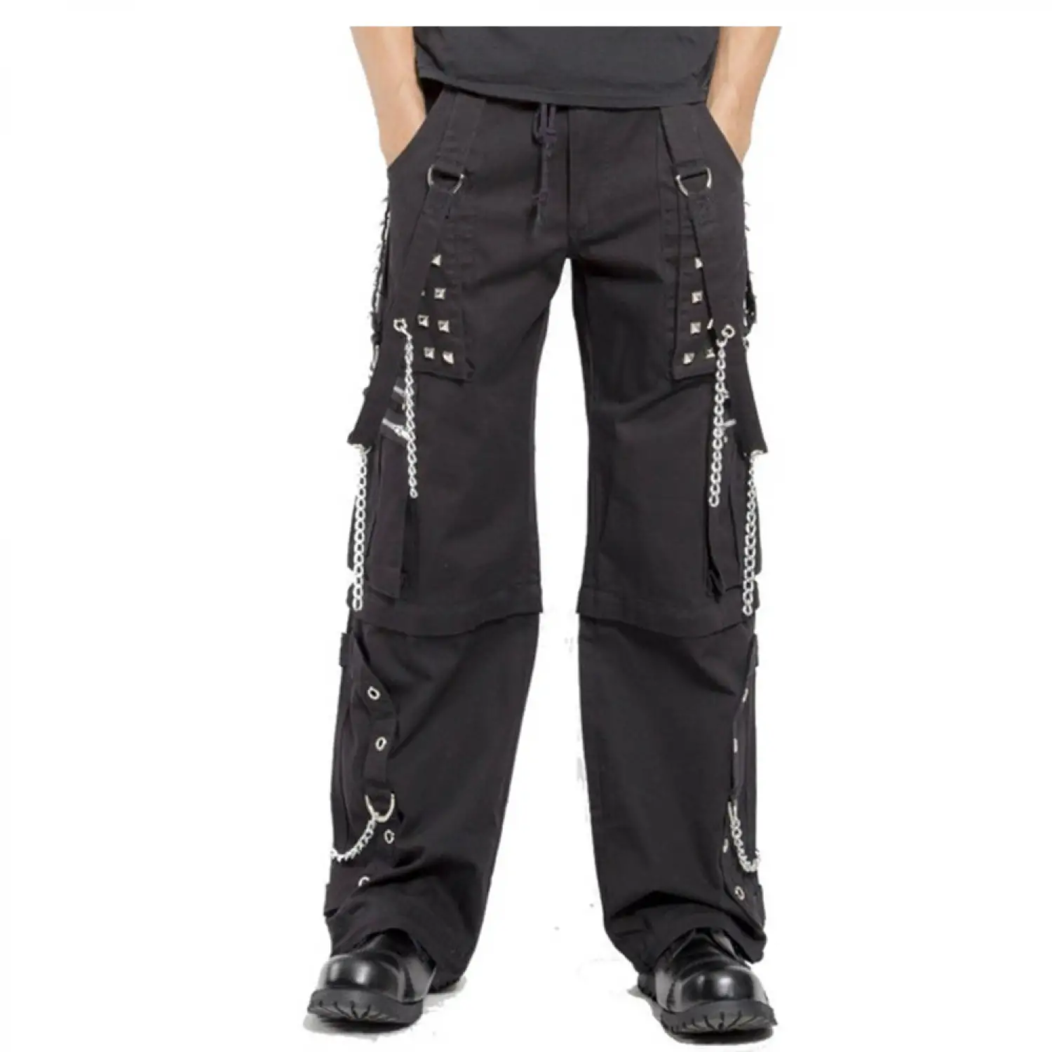 Men's black gothic cargo pants with silver studs, D-rings, and chain straps.