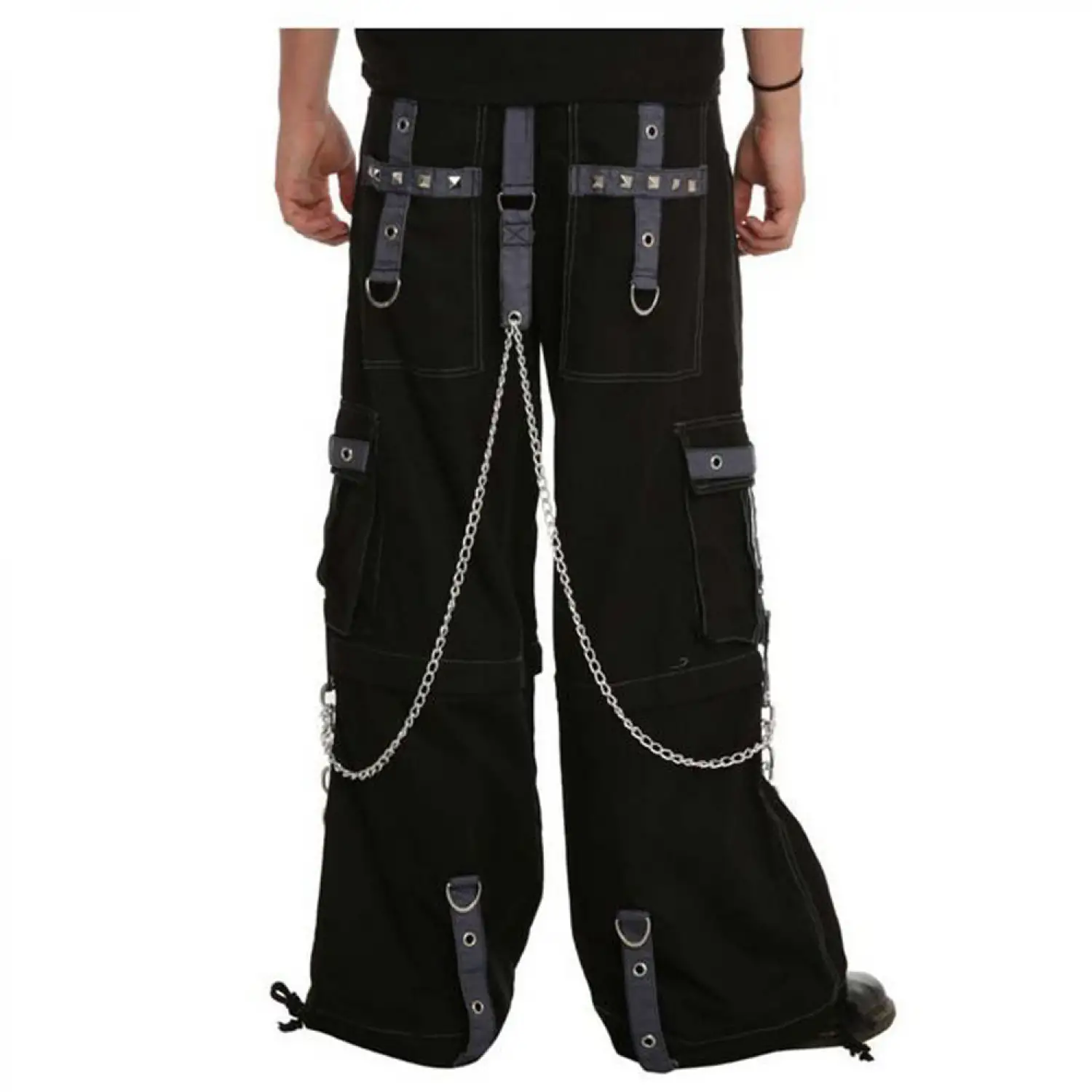 Men's black cyber goth baggy pants with silver chains, D-rings, and adjustable straps.