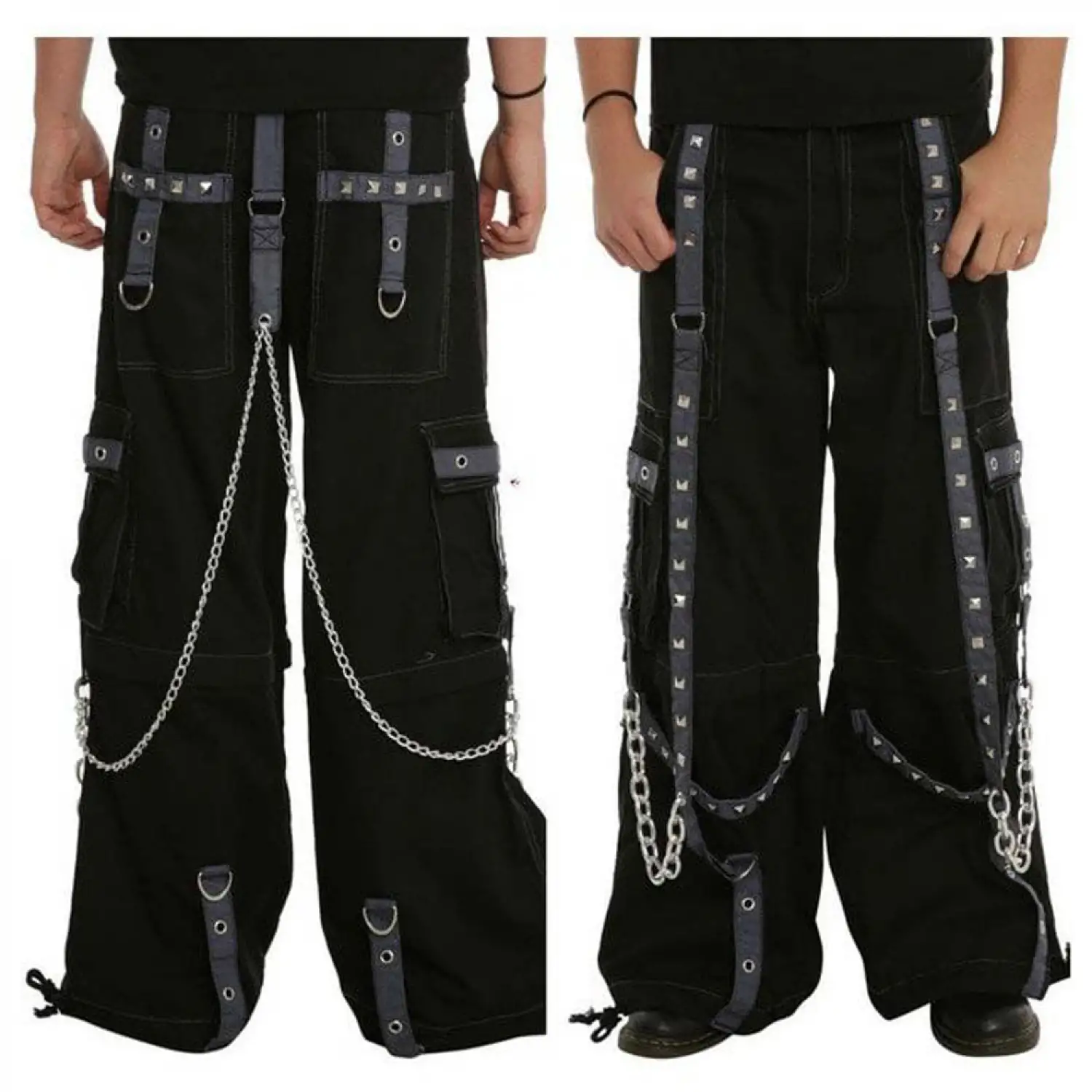Men's black cyber goth baggy pants with silver chains, D-rings, and adjustable straps.