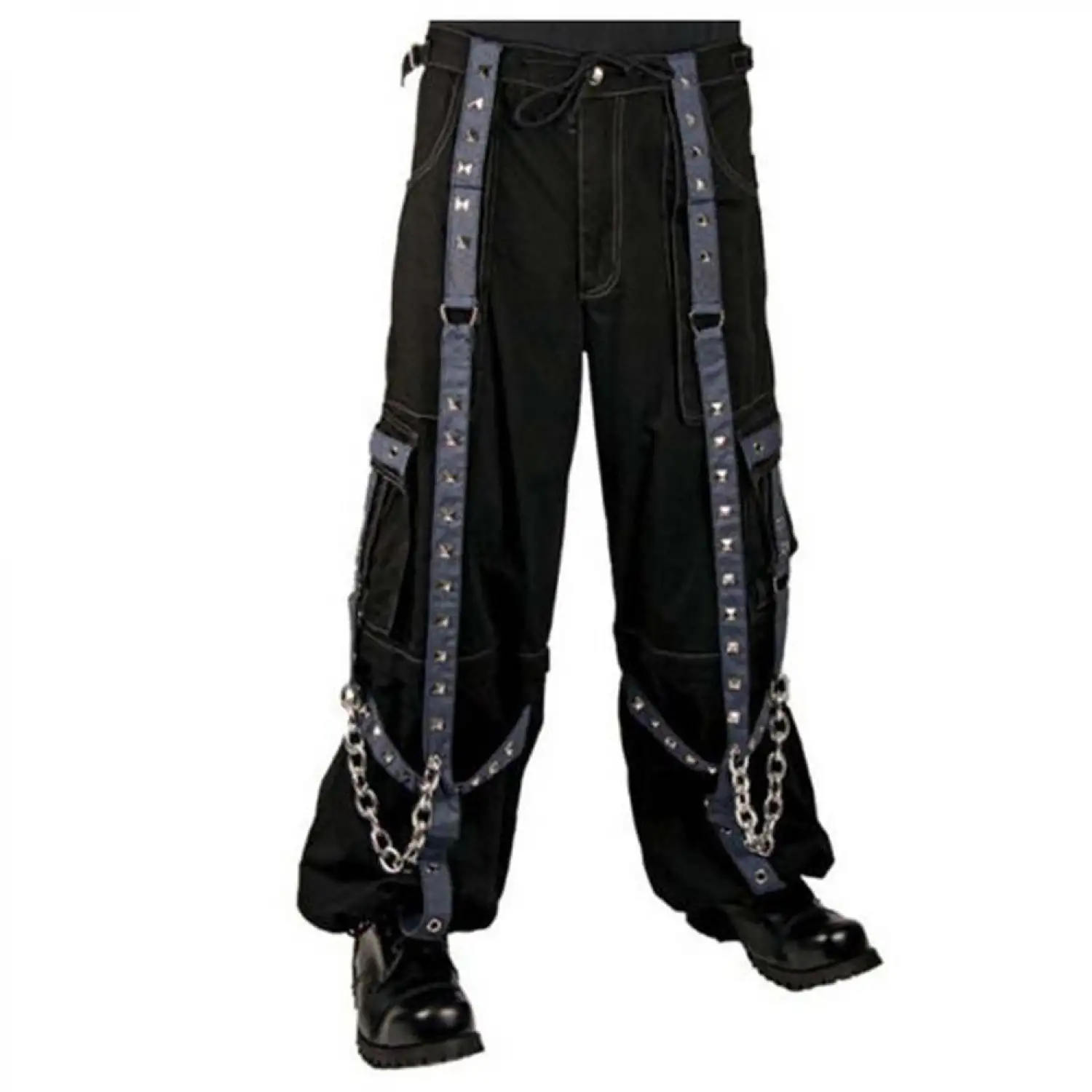 Men's black cyber goth baggy pants with silver chains, D-rings, and adjustable straps.
