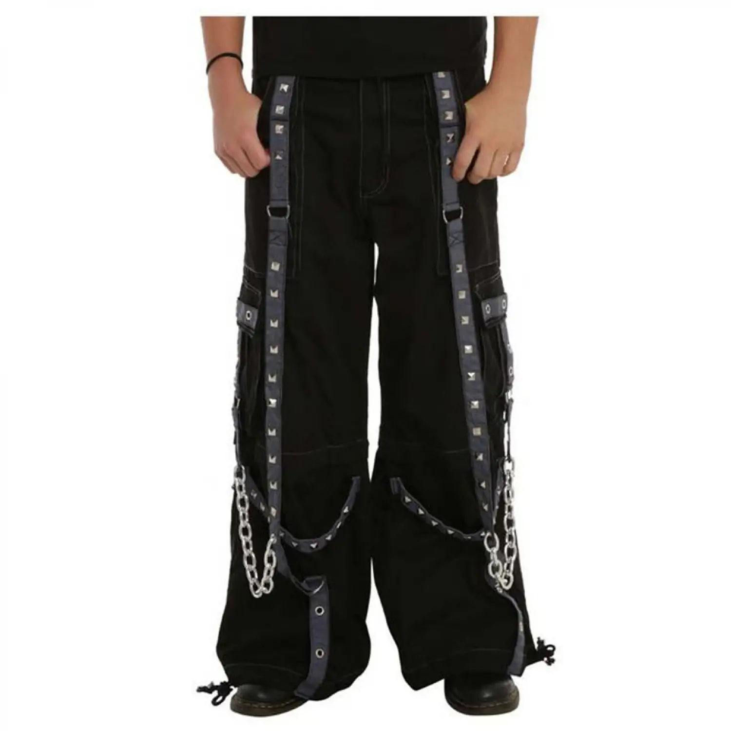 Men's black cyber goth baggy pants with silver chains, D-rings, and adjustable straps.