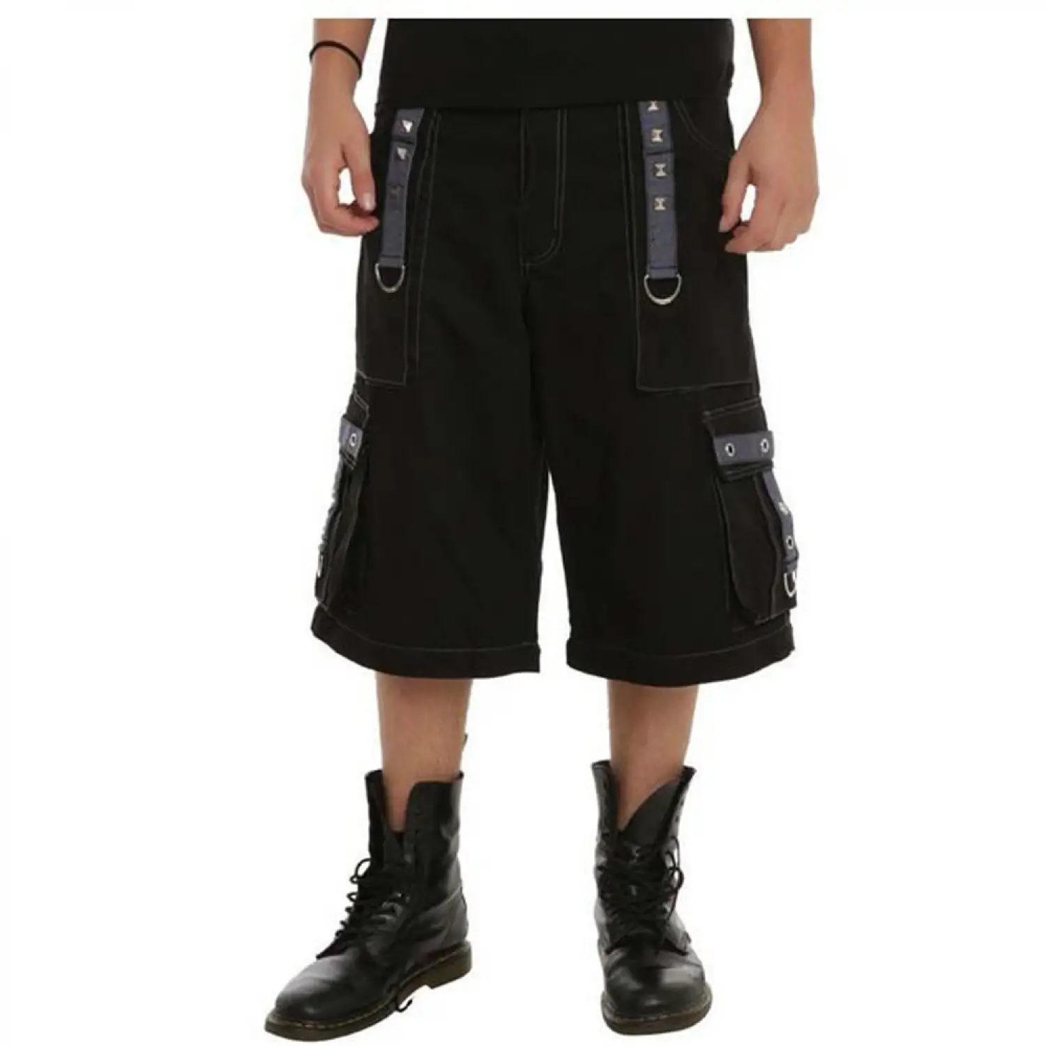 Men's black cyber goth baggy pants with silver chains, D-rings, and adjustable straps.