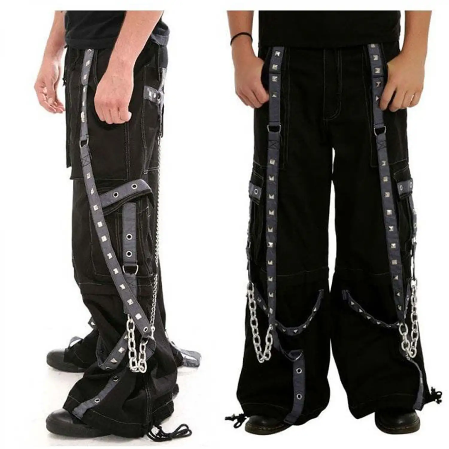 Men's black cyber goth baggy pants with silver chains, D-rings, and adjustable straps.