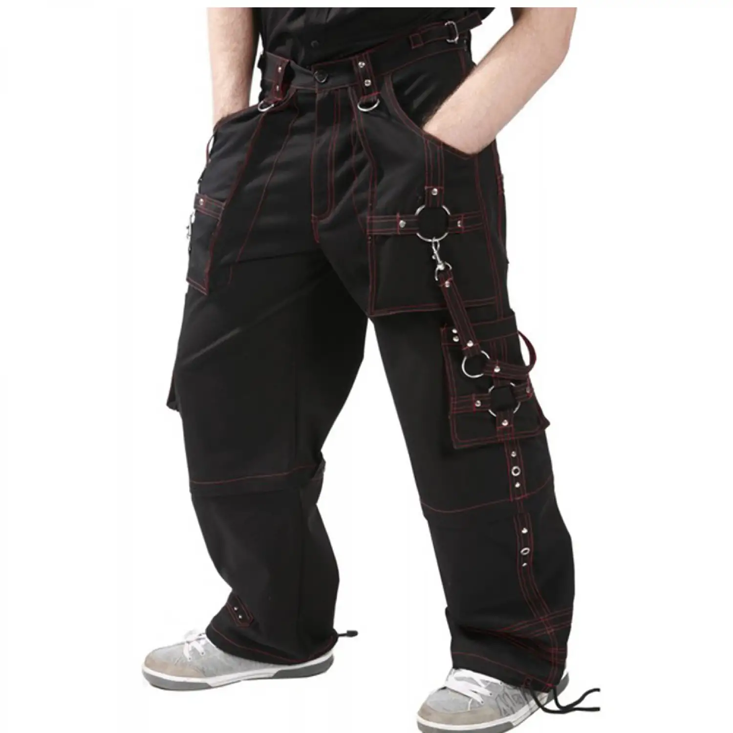 Men's black baggy cargo pants with red contrast stitching and hanging chains