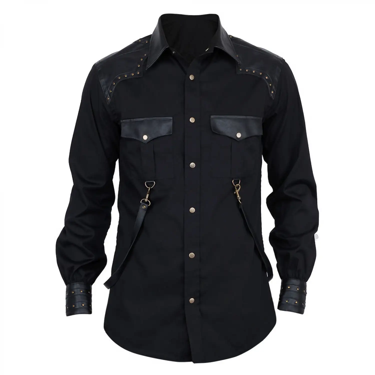 Men's black Steampunk shirt with Gothic vintage styling featuring contrast material on shoulders, chest pockets, and cuffs.