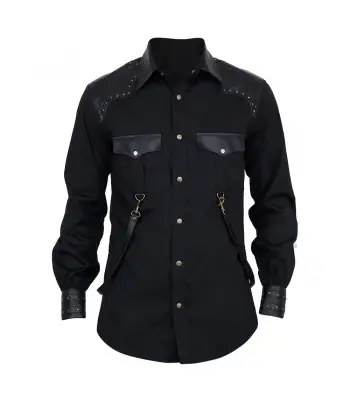 Vintage Goth Steampunk Shirt Men Black Gothic Shirt Cotton