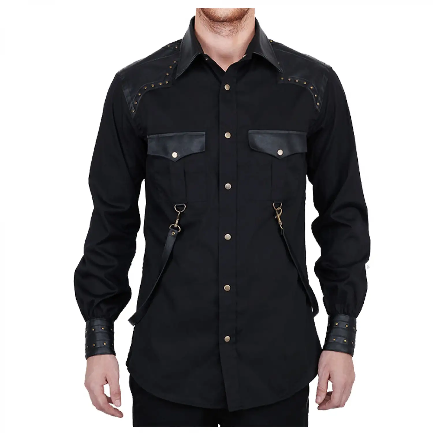 Men's black Steampunk shirt with Gothic vintage styling featuring contrast material on shoulders, chest pockets, and cuffs.