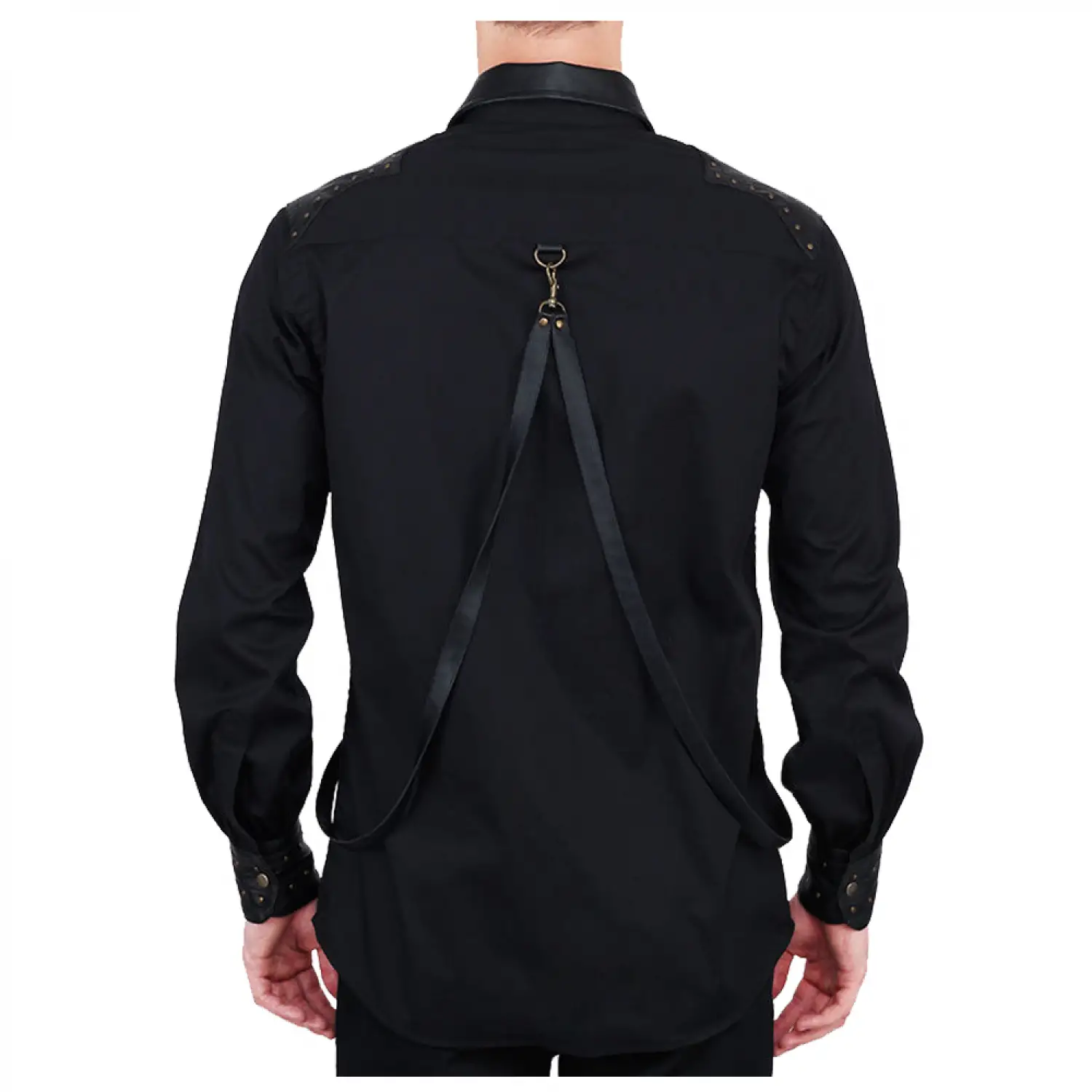 Men's black Steampunk shirt with Gothic vintage styling featuring contrast material on shoulders, chest pockets, and cuffs.