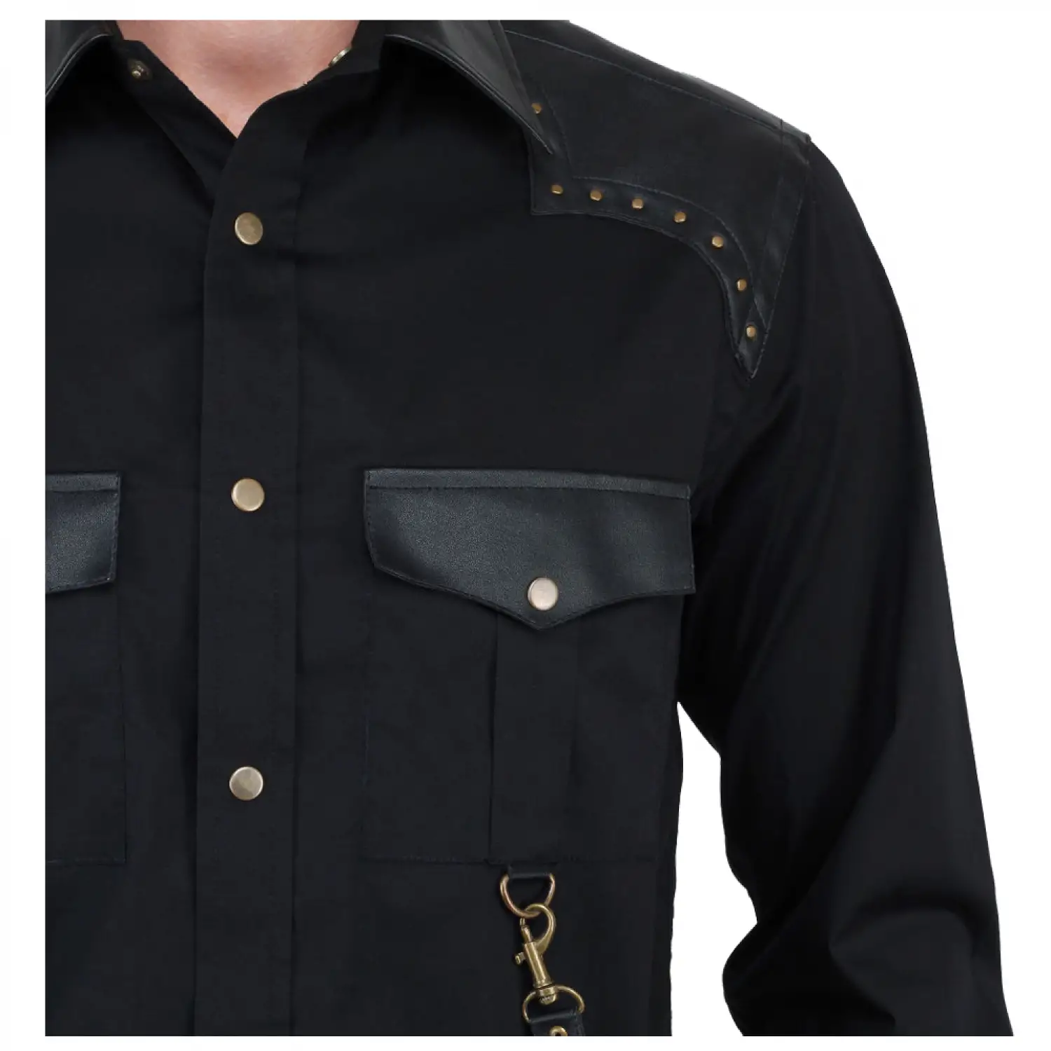 Men's black Steampunk shirt with Gothic vintage styling featuring contrast material on shoulders, chest pockets, and cuffs.
