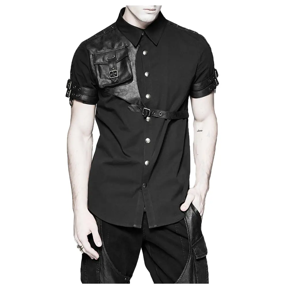 Dieselpunk Dark Army Goth Shirt | Faux Leather Pockets Black Straps