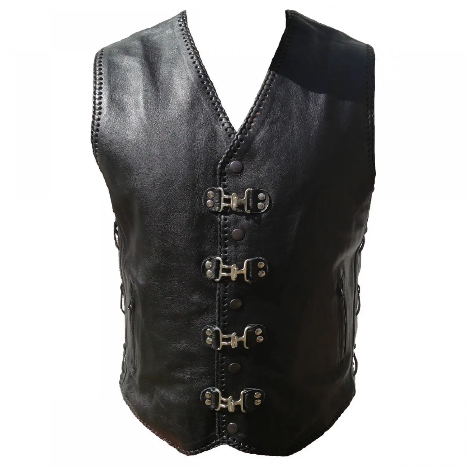 Men's black leather vest with metal steampunk clasps