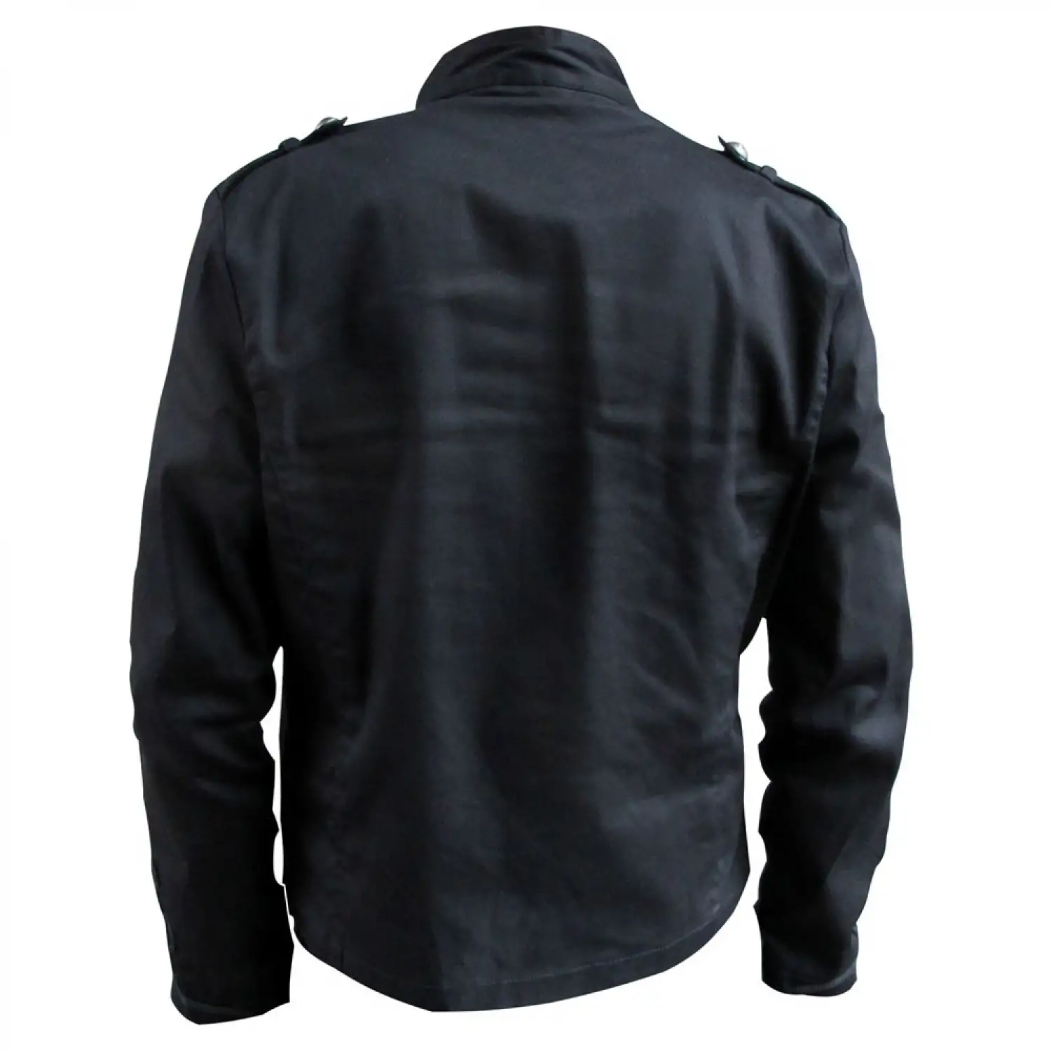 Men's black military drummer jacket with horizontal chest pleats and silver buttons