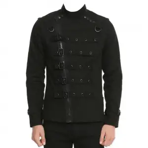 Men's Gothic Black Military Jacket with Buckle Straps