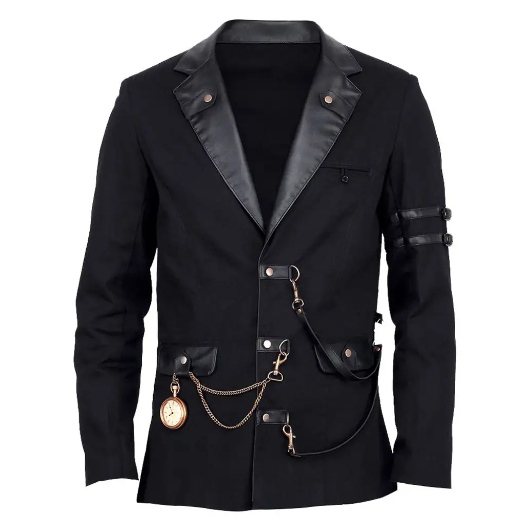 Men's Steampunk Gothic Vintage Military Jacket | Leather Lapels - Image 5