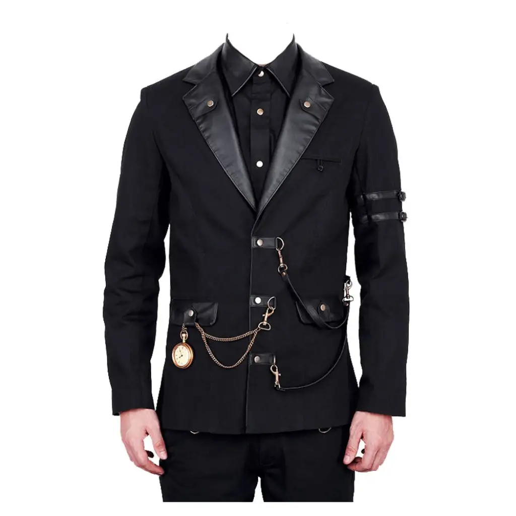 Men's Steampunk Gothic Vintage Military Jacket | Leather Lapels - Image 2