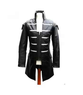 Men's Black Lambskin Leather Long Jacket – Large Collar, Full-Length, UK Handmade