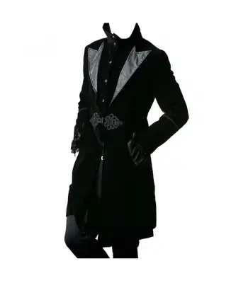 Men Black Velvet Coat Gothic Knot Overcoat Jacket