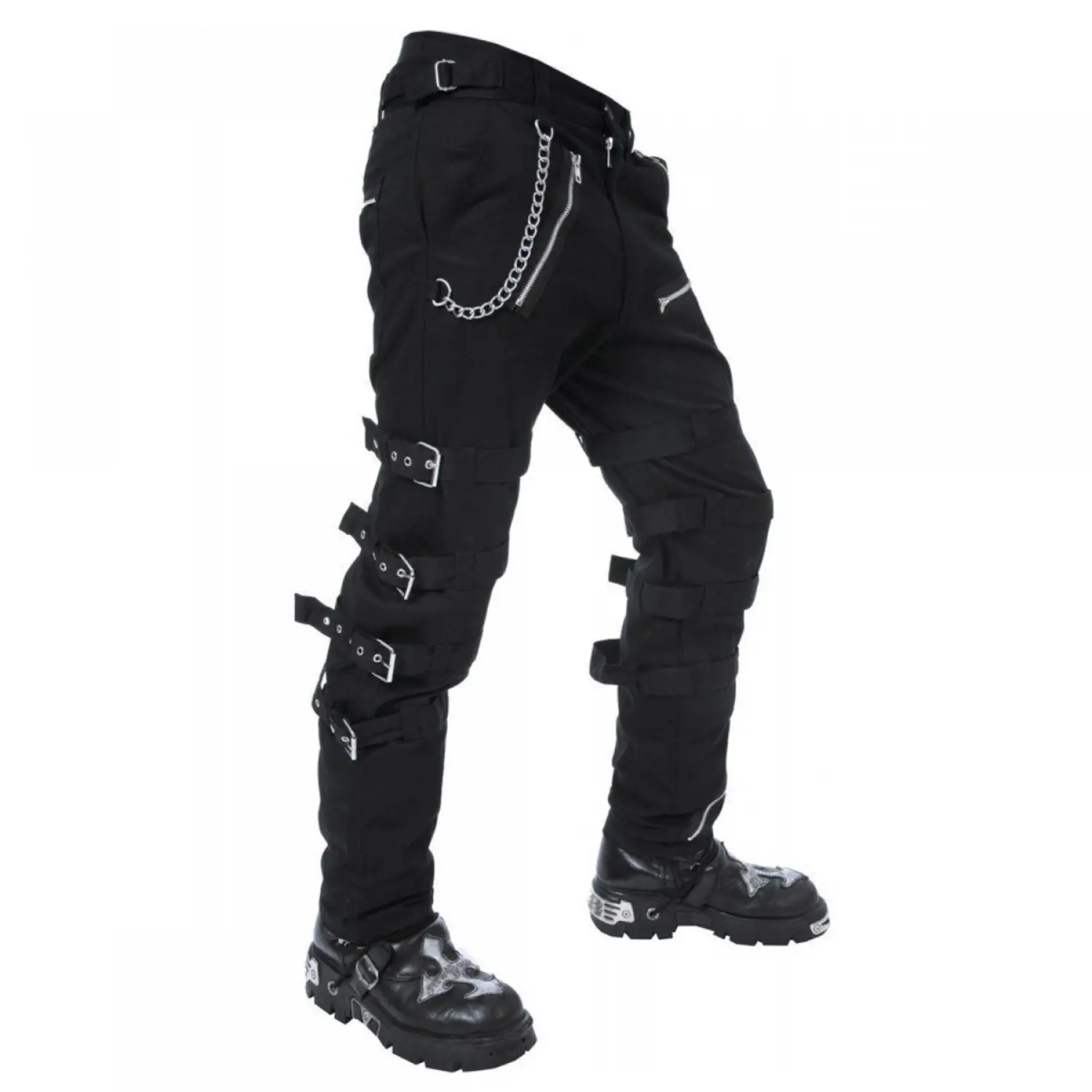 Men's slim fit black gothic punk pants with diagonal zippers and buckle straps on the legs.