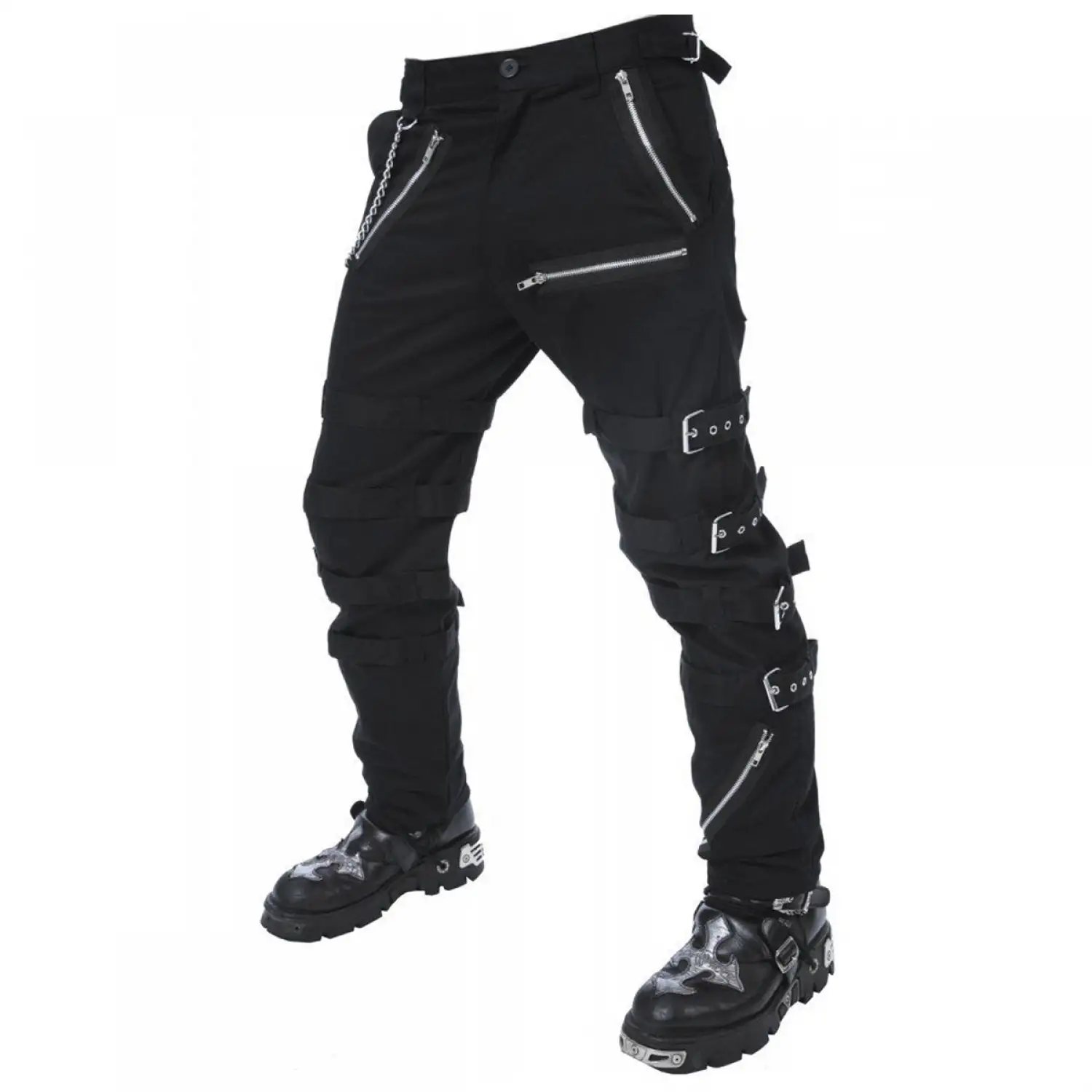 Men's slim fit black gothic punk pants with diagonal zippers and buckle straps on the legs.