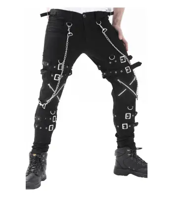 Men Gothic Pant Cross Zip Chain Straps Cyber Fetish Trousers Pants
