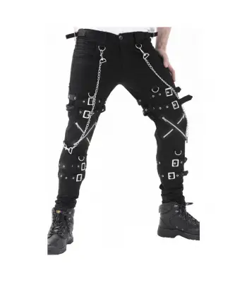 Men Gothic Pant Cross Zip Chain Straps Cyber Fetish Trousers Pants