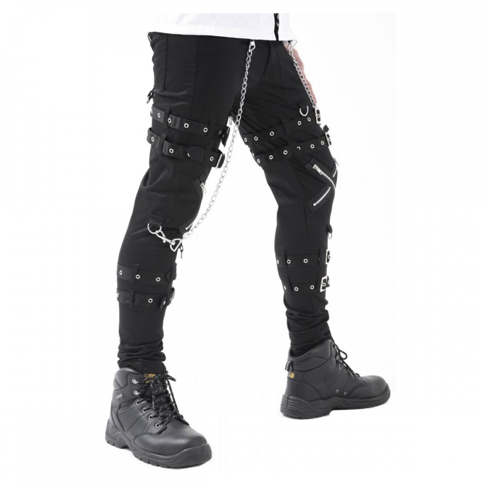 Men Gothic Pant Cross Zip Chain Straps 