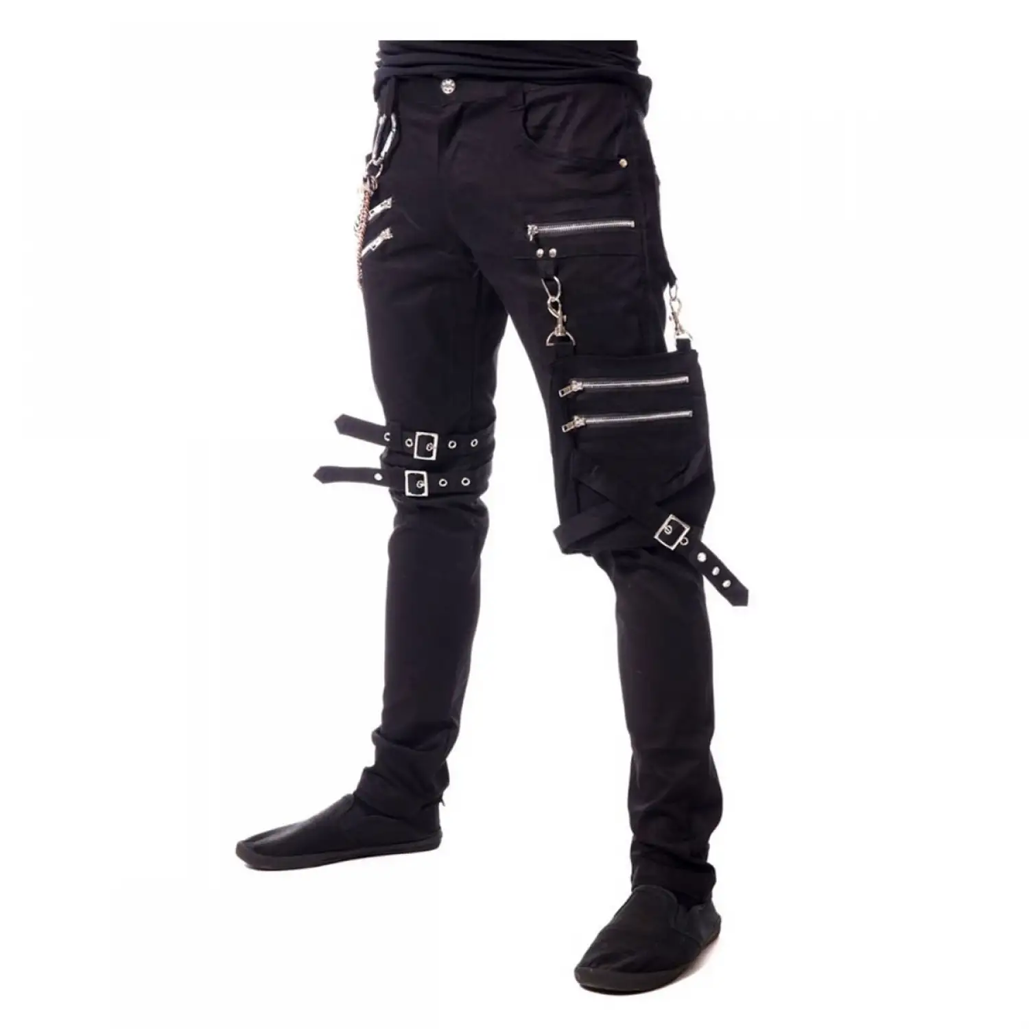 Men's slim-fit black fetish pants featuring multiple zippers, a prominent thigh pocket, and buckle straps.