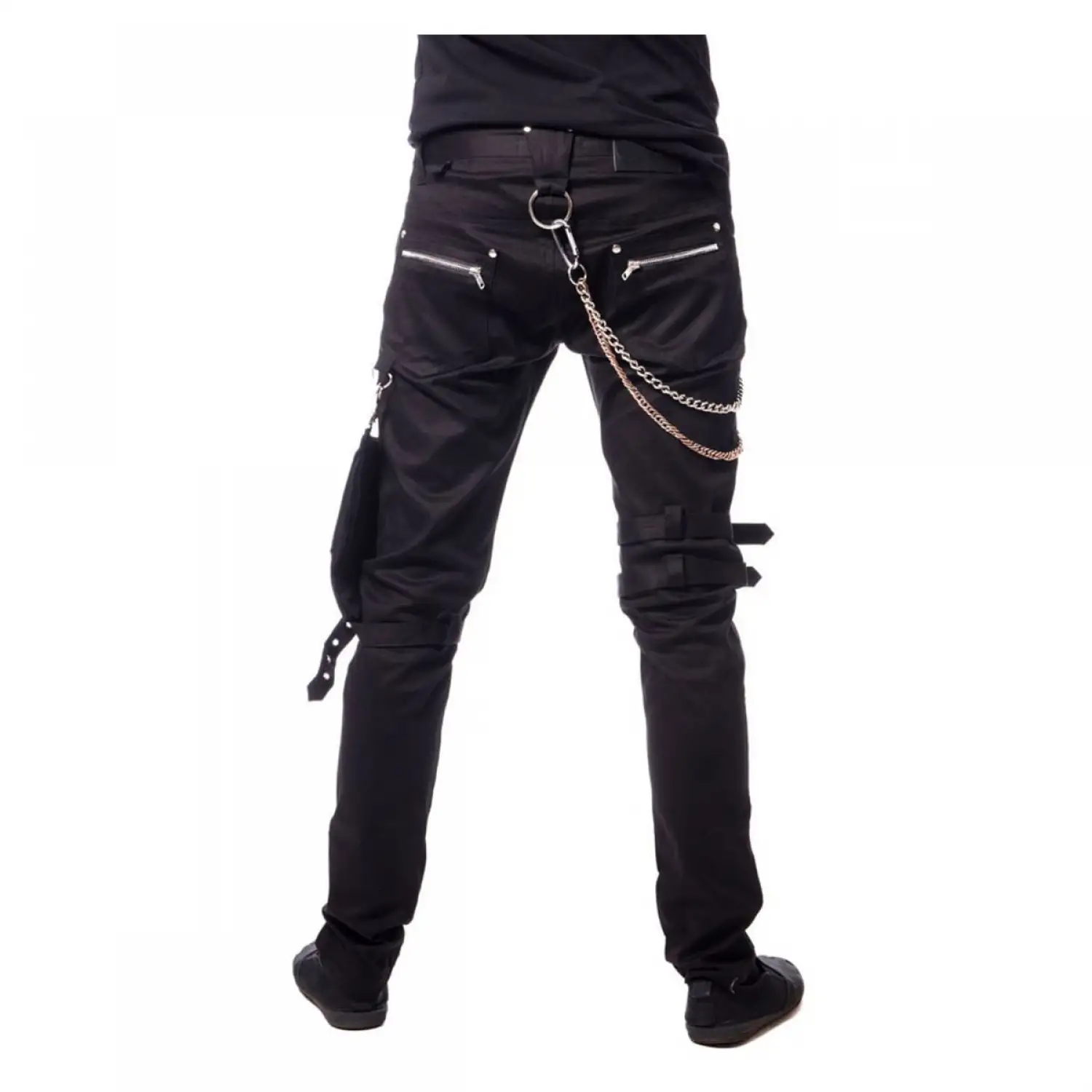 Men's slim-fit black fetish pants featuring multiple zippers, a prominent thigh pocket, and buckle straps.