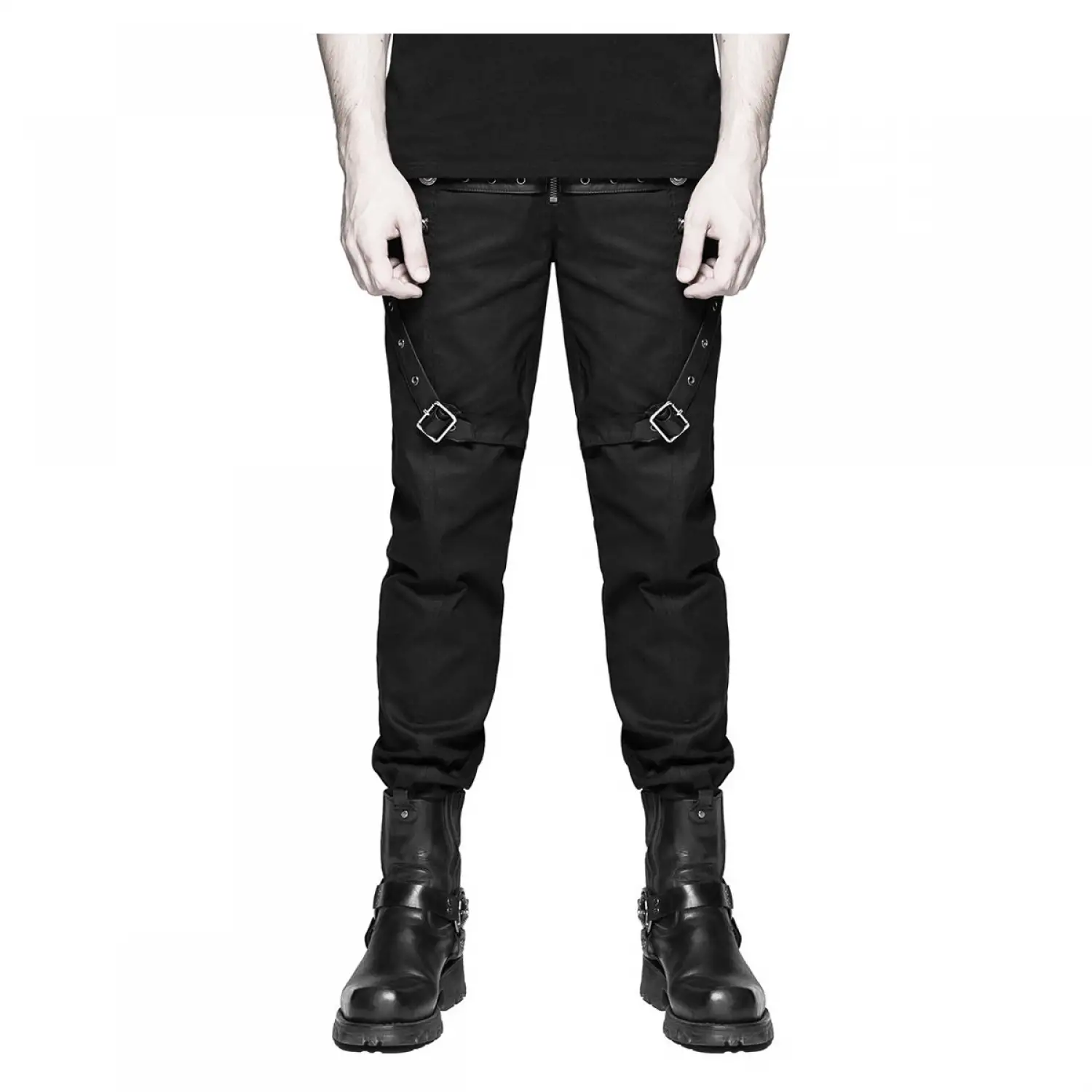 Men's Steampunk black military-style Gothic pants featuring adjustable side straps and silver D-ring hardware.