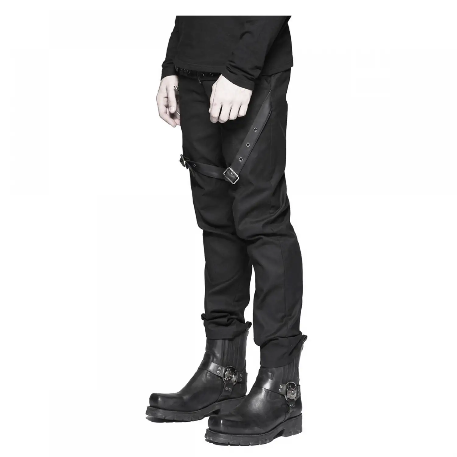 Men's Steampunk black military-style Gothic pants featuring adjustable side straps and silver D-ring hardware.