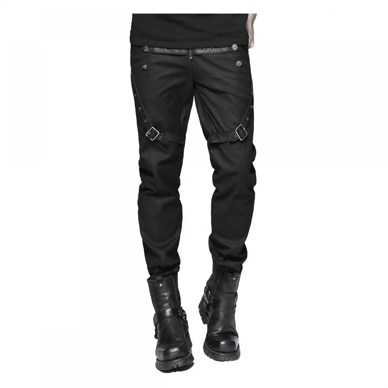 Men's Steampunk black military-style Gothic pants featuring adjustable side straps and silver D-ring hardware.