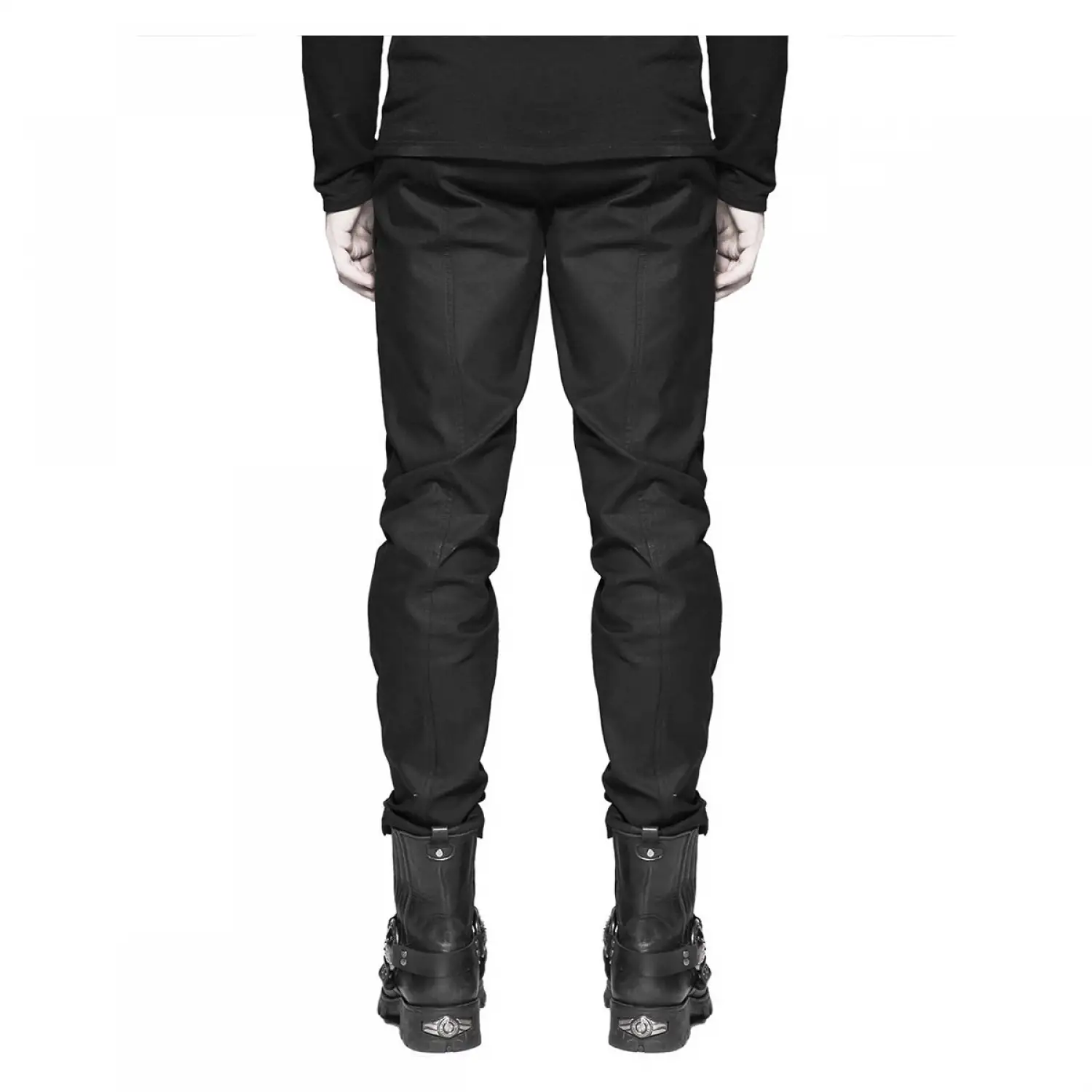 Men's Steampunk black military-style Gothic pants featuring adjustable side straps and silver D-ring hardware.