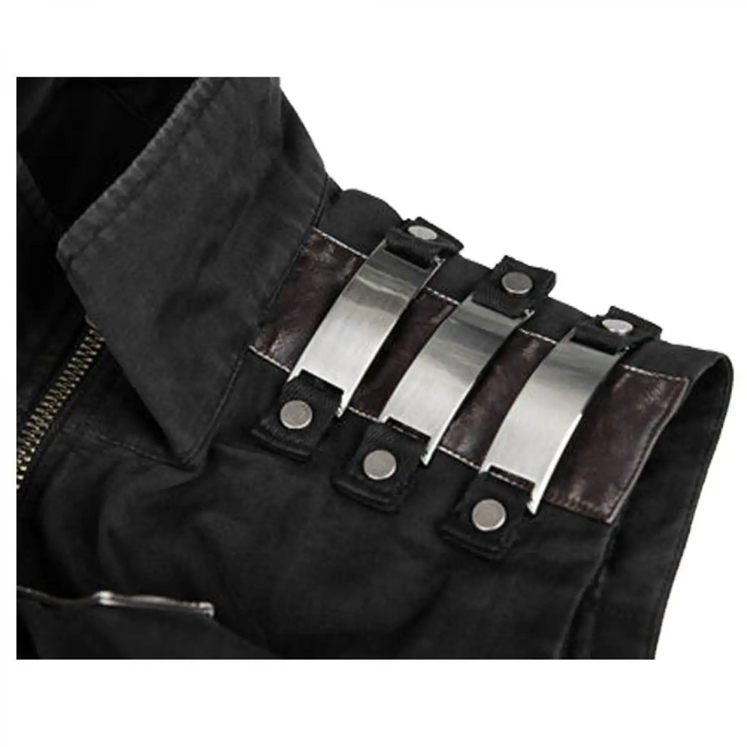 Men's black steampunk vest with high collar, zip front, ornate metal swing clasps, and shoulder details.