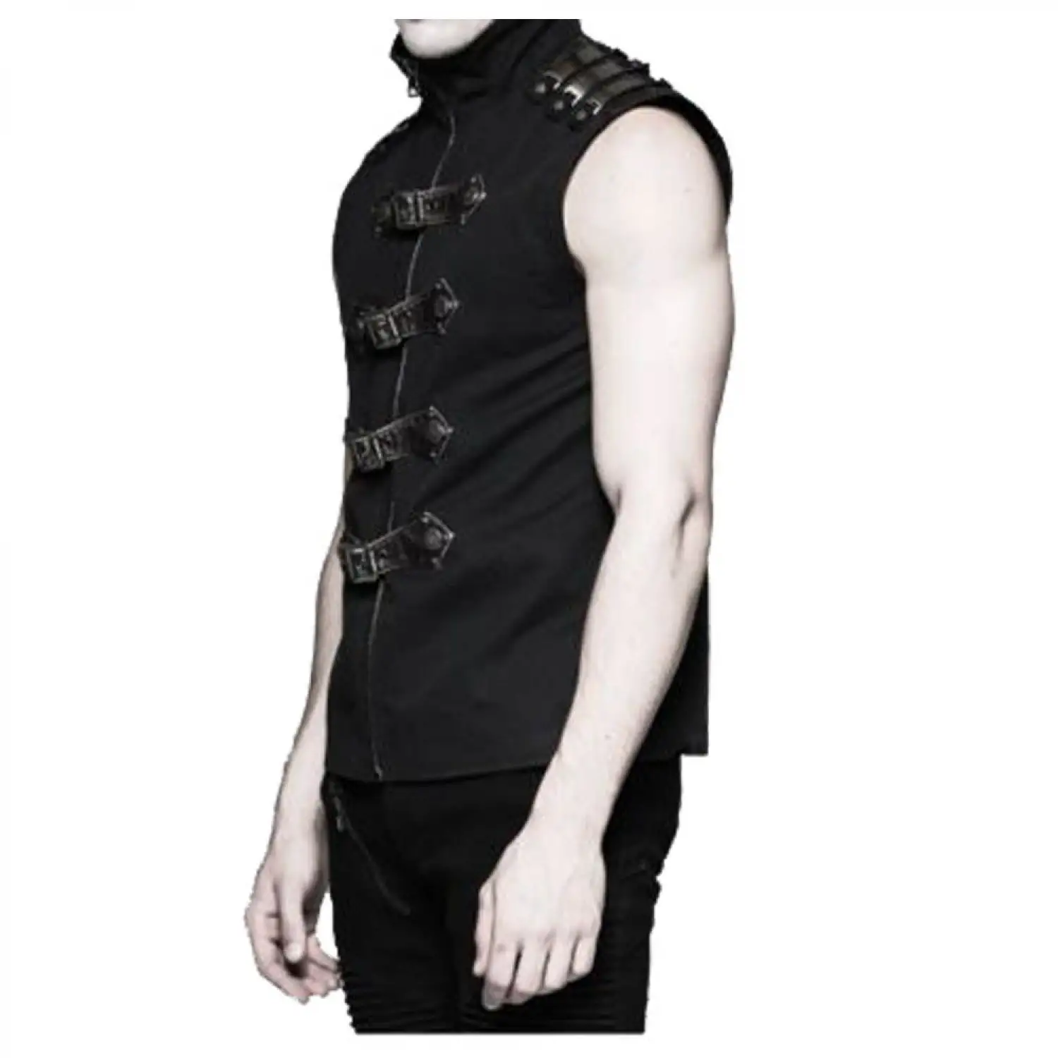 Men's black steampunk vest with high collar, zip front, ornate metal swing clasps, and shoulder details.