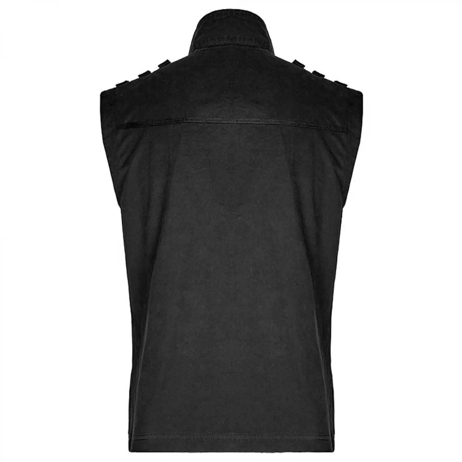 Men's black steampunk vest with high collar, zip front, ornate metal swing clasps, and shoulder details.